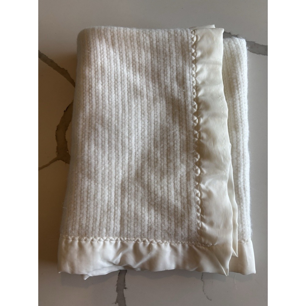 Vintage White Satin Like Trim Baby Blanket 59"x 36" USA Read Description